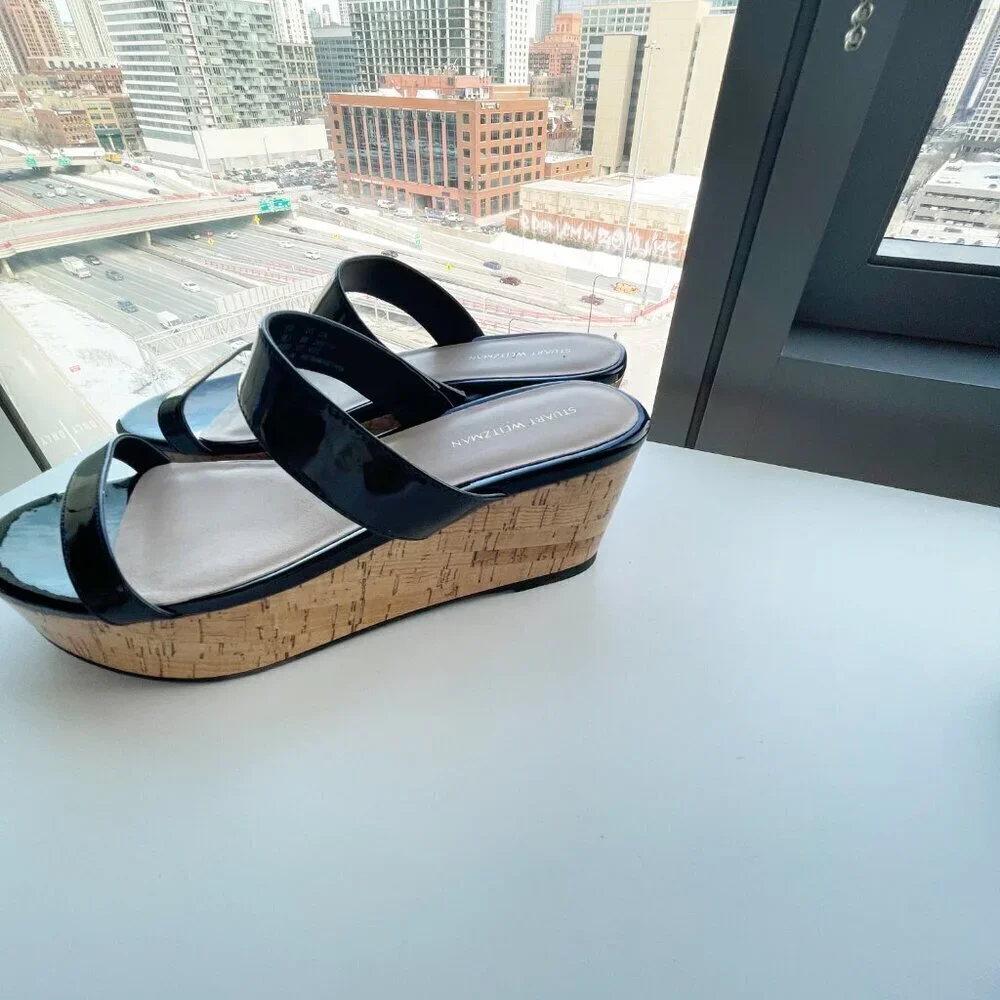 Stuart Weitzman Boardwalk Black Chunky Platform Slide Sandal Size 38.5 US: 8